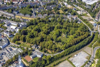 Aerial view, Old cemetery cemetery and green trees, Lüdenscheid city, Lüdenscheid, Sauerland, North
