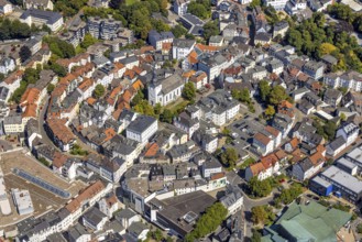 Aerial view, circular residential complex in the city centre with evang. Erlöserkirche,