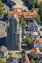 Aerial view, catholic church St. Joseph and Medardus with building site and scaffolding, behind