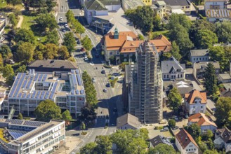 Aerial view, catholic church St. Joseph and Medardus with building site and scaffolding, behind