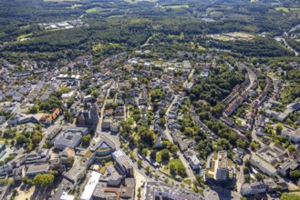 Aerial view, residential area local view around the catholic church St. Joseph and Medardus with