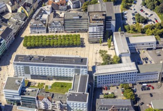 Aerial view, town hall and town hall square with tree avenue, city, Lüdenscheid city, Lüdenscheid,