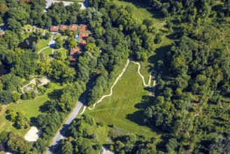 Aerial view, Saunadoerf Am Nattenberg, meadow with field path, Lüdenscheid town, Lüdenscheid,
