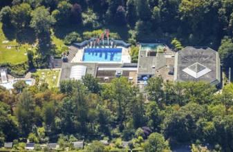 Aerial view, outdoor swimming pool Nattenberg, swimming pool with bathers and eight diving boards,