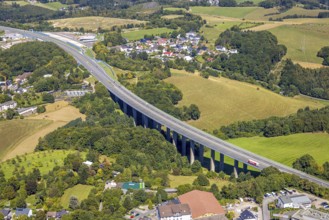 Aerial view, motorway bridge TAlbrücke Kattenbusch of the motorway A45 and service area
