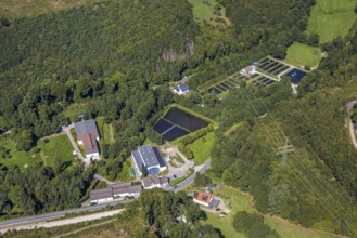 Aerial view, trout farm Versetal, power line, waterworks Treckinghausen and river Verse,