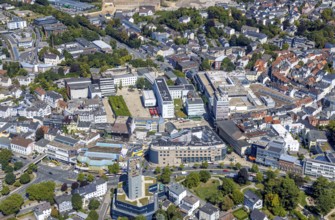 Aerial view, city centre view with town hall and town hall square with tree avenue, Lüdenscheid
