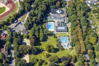 Aerial view, outdoor swimming pool Nattenberg, swimming pool with bathers and eight diving boards,