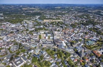 Aerial view, city centre view with town hall and town hall square with tree avenue, behind