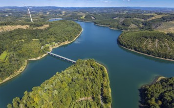 Aerial view, Versetalsperre, forest area with forest damage, Klamer Brücke der Landesstraße L694,