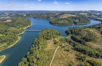 Aerial view, Versetalsperre, forest area with forest damage, Klamer Brücke der Landesstraße L694,