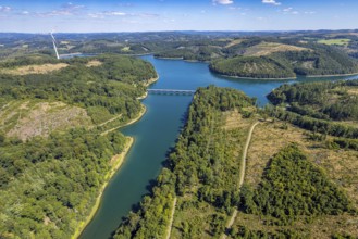 Aerial view, Versetalsperre, forest area with forest damage, Klamer Brücke der Landesstraße L694,