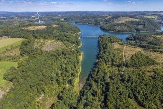 Aerial view, Versetalsperre, forest area with forest damage, Klamer Brücke der Landesstraße L694,
