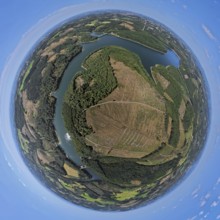 Aerial view, Versetalsperre, forest area with forest damage, earth globe, fisheye image, 360 degree