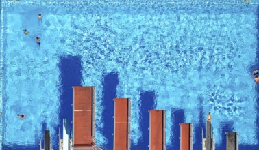 Aerial view, open-air swimming pool Nattenberg, swimming pool with bathers and eight diving boards,