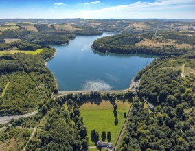 Aerial view, Verse dam with dam, forest area with forest damage, Piepersloh, Lüdenscheid,
