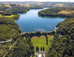 Aerial view, Verse dam with dam, forest area with forest damage, Piepersloh, Lüdenscheid,