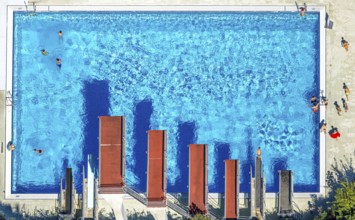 Aerial view, open-air swimming pool Nattenberg, swimming pool with bathers and eight diving boards,