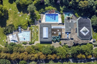 Aerial view, outdoor swimming pool Nattenberg, swimming pool with bathers and eight diving boards,