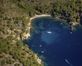Bays for sailboats and divers, Mediterranean Bay of Roses, blue water, Roses, Costa Brava,