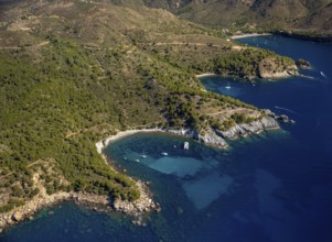 Bays for sailboats and divers, Mediterranean Bay of Roses, blue water, Roses, Costa Brava,