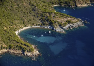 Bays for sailboats and divers, Mediterranean Bay of Roses, blue water, Roses, Costa Brava,