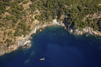 Bays for sailboats and divers, Mediterranean Bay of Roses, blue water, Roses, Costa Brava,