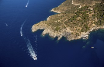 Mediterranean Bay of Roses, blue water, Roses, Costa Brava, Catalonia, Spain, Europe, aerial view,