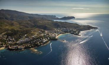Mediterranean Bay of Roses, blue water, Roses, Costa Brava, Catalonia, Spain, Europe, aerial view,