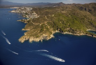 Bays for sailboats and divers, Mediterranean Bay of Roses, blue water, Roses, Costa Brava,