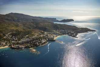 Mediterranean Bay of Roses, blue water, Roses, Costa Brava, Catalonia, Spain, Europe, aerial view,