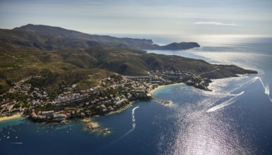 Mediterranean Bay of Roses, blue water, Roses, Costa Brava, Catalonia, Spain, Europe, aerial view,