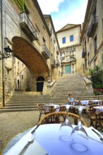 Small restaurant in the alleys of the old town of Girona, Cataluña, Gerona, Catalonia, Spain,