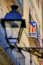 Lantern with Catalan flag, alleys in the old town of Girona, Cataluña, Gerona, Catalonia, Spain,
