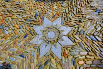 Colourful stone mosaic in front of the cathedral of Girona, Girona, Cataluña, Gerona, Catalonia,