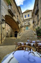 Small restaurant in the alleys of the old town of Girona, Cataluña, Gerona, Catalonia, Spain,