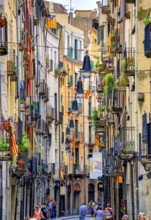 Colourful alley in the old town of Girona with lanterns, Girona, Cataluña, Gerona, Catalonia,