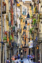 Colourful alley in the old town of Girona with lanterns, Girona, Cataluña, Gerona, Catalonia,