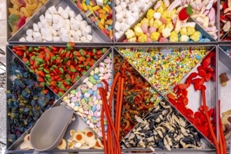 Sardinia, coloured sweets on display, shapes and colours, Bosa, Europe, province of Oristano,