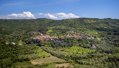 Sardinia, village view and houses surrounded by meadows and fields, blue sky with clouds, Modolo,