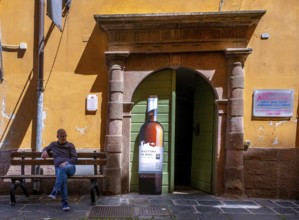 Sardinia, house with picturesque door and wine bottle poster, Bosa, Europe, Province of Oristano,