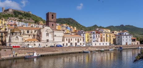 Sardinia, village view, houses at the river Temo and church tower, Bosa, Europe, province Oristano,