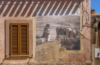 Sardinia, house with mural, Sardinian landmark, Tinnura, Europe, Province of Oristano, Italy,
