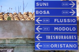 Sardinia, road signposts to places, Tinnura, Europe, Province of Oristano, Italy, architecture,