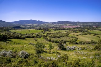Sardinia, view of village and wide landscape meadows and fields, with mountains in the background,