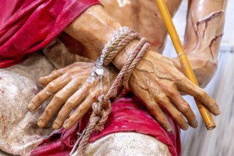 Sardinia, maltreated and bleeding Jesus figure, bound, Bosa, Europe, Province of Oristano, Italy,