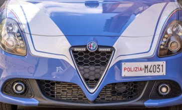 Sardinia, Alfa Romeo police car and police sign Polizia M4031, Bosa, Europe, Province of Oristano,