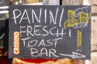 Sardinia, sign with Panini Freschi Toast Bar, Bosa, Europe, Province of Oristano, Italy, outdoor,