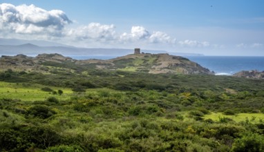 Sardinia, Former fortress tower, hilly coastal landscape by the sea, blue sky with clouds, Bosa,