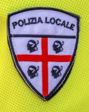 Sardinia, police emblem Sardinian flag, Polizia Locale, Bosa, Europe, province of Oristano, Italy,